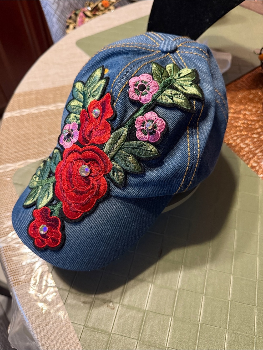 Denim Floral Embroidered Baseball Cap - Blue with Red & Pink Flowers